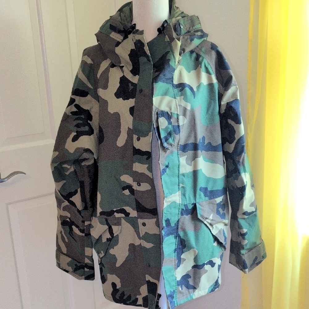 Green and Brown Raincoat with Hood and Water-Resistant Material